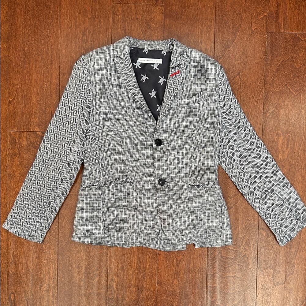 Daniele Alessandrini Boy’s Italian 100%Flax Navy and White Patterned Jacket, 6y
